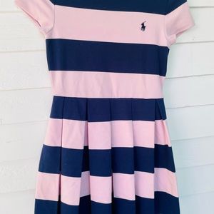 Ralph Lauren Polo Girls Navy and Pink Short-Sleeve Pleated Fit and Flare Dress